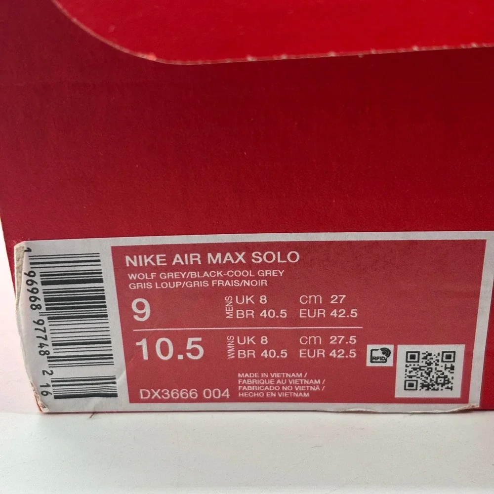 Nike Air Max Solo Sneakers Mens 9 Womens 10.5 Wolf Grey DX3666-004 New Running